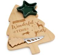 MIJOMA Tabla para queso de Navidad, bambú, 3 piezas, con cuenco y cuchillo | Forma de árbol de Navidad, 30 × 20 cm, estrella de gres para salsas, Wonderful Time como motivo, servidor atmosférico para