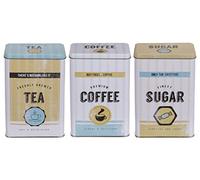 MIK funshopping Set retro de lata de metal, para café, té y azúcar, lata de café, té, azucarero con tapa (3 piezas, diseño vintage, color blanco-beige-azul claro)