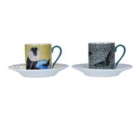 Mikasa x Sarah Arnett Juego de Tazas de Espresso, 2x Tazas de Espresso y Platos, Tazas de Espresso Pequeñas de Porcelana con Estampado de Animales, 85ml - En Caja de Regalo y Aptas para Lavavajillas