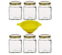 mikken 6 tarros de vidrio para mermelada de 210 ml con tapa roscada (color dorado) 210 ml + embudo, juego de 6 tarros