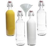 mikken Viva-Haushaltswaren - Juego de 4 botellas de cristal con cierre de clip (1 L, rellenables, incluye embudo de 12 cm de diámetro)