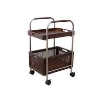 Milageto Carrito de Almacenamiento Carro Estantería Organizador Carrito Auxiliar Mesa Rodante con Ruedas de Acero y Bandejas de Madera y Ratán Tejado Apto para, Dark, Brown Tray