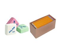 Milan 430 - Caja de 30 gomas de borrar, miga de pan + Amazon Basics - Lápices n.º 2 HB de madera, afilados, Pack de 150