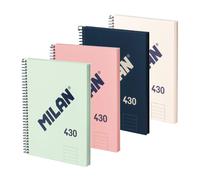 MILAN 430 - Pack 4 Cuadernos A5 Espiral y Tapa Dura. Papel Pautado 80 Hojas 95gr
