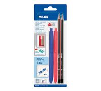 Milán Blister con 2 Bolígrafos P1 (Azul/Rojo), 2 Lápices Grafito HB y H, Goma 430 y Sacapuntas - Colores/Modelos Surtidos
