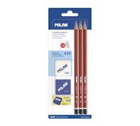 Milan BYM10016 - Blíster con 3 lápices grafito, sacapuntas y goma de borrar