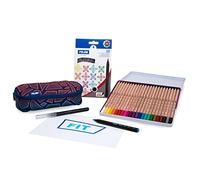 MILAN® estuche ovalado Fit + 10 rotuladores punta pincel + 24 lápices de colores en caja metálica