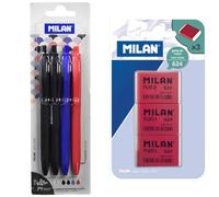 Milan P1 Touch - Blíster con 4 bolígrafos, Color Multicolor & BPM9205 - Pack de 3 Gomas de borrar