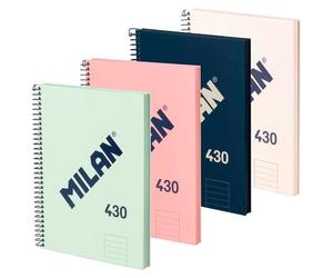 Milan® pack 4 cuadernos a4 con espiral y tapa dura, 80 hojas blancas