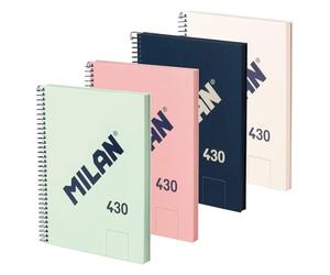 MILAN® Pack 4 cuadernos A5 con espiral y tapa dura, 80 hojas blancas de 95 gr/m², colección 430 since 1918
