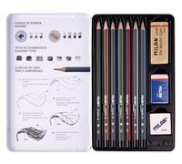 MILAN® Set 7 lápices de grafito (2H,H, HB, B, 2B, 4B y 6B) para dibujo, con 2 gomas de borrar y sacapuntas, en estuche metálico