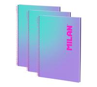 MILAN Sunset - Pack 3 Cuadernos A4 Espiral y Tapa Dura. Papel Cuadriculado 90 Hojas 95gr Lila
