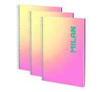 MILAN Sunset - Pack 3 Cuadernos A4 Espiral y Tapa Dura. Papel Pautado 90 Hojas 95gr Rosa