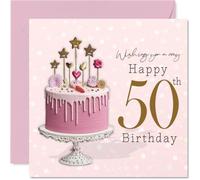 Milestone - Tarjeta de 50 cumpleaños - Celebra con estilo - Elegante pastel de goteo rosa con estrellas y corazones dorados - Un toque de brillo para su cuadrado grande de 5-0 - 145 mm, sobre incluido