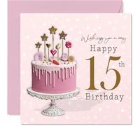 Milestone - Tarjeta de cumpleaños número 15 - Sparkle and Smiles for Their Big Day - Pastel de goteo rosa con estrellas doradas y dulces - cuadrado de 145 mm, sobre incluido