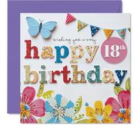 Milestone - Tarjeta de cumpleaños número 18, celebración brillante y alegre, borde floral estampado, banderines coloridos y detalles de mariposa, cuadrada de 145 mm, sobre incluido