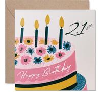 Milestone - Tarjeta de cumpleaños número 21, eleva un vaso a 21, pastel de cumpleaños rosa ilustrado con velas florales, cuadrado de 145 mm, sobre incluido