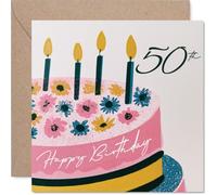 Milestone - Tarjeta de cumpleaños número 50 - Raise a Smile on Their Big Five-oh - Pastel ilustrado colorido y flores con velas alegres - cuadrado de 145 mm, sobre incluido