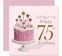 Milestone - Tarjeta de cumpleaños número 75 - Raise a Toast to 75 - Pastel de goteo rosa y dorado, estrellas y corazones - Diversión festiva para un cumpleaños hito - Cuadrado de 145 mm, sobre