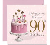 Milestone - Tarjeta de cumpleaños número 90, celebración en rosa y dorado, pastel festivo con velas, estrellas y corazones, cuadrado de 145 mm, sobre incluido