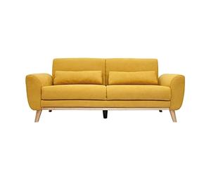 Miliboo EKTOR - Sofá escandinavo de 3 plazas de tela, efecto terciopelo, color amarillo mostaza y madera clara
