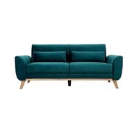 Miliboo EKTOR - Sofá escandinavo de 3 plazas (tejido aterciopelado, color azul petróleo y madera clara)