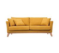 Miliboo Oslo - Sofá escandinavo desenfundable de 3 plazas de tela, efecto terciopelo amarillo mostaza y madera clara