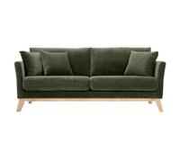 Miliboo Oslo - Sofá escandinavo desenfundable de 3 plazas de tela efecto terciopelo verde caqui y madera clara