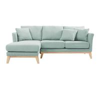 Miliboo Oslo - Sofá esquinero izquierdo desenfundable escandinavo, tejido verde laguna y madera clara 3-4 plazas
