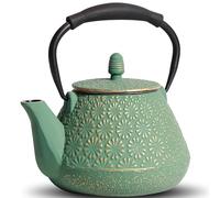 MILVBUSISS Tetera de hierro fundido, 950 ml, con patrón de flor de Sakura japonesa, apta para estufa, infusor para hojas sueltas y café, mango de silicona, interior esmaltado, 32 onzas, verde
