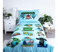 Minecraft - Juego de funda de edredón oficial para cama individual, 140 x 200 cm, diseño épico Let's Play| Verde reversible de 2 caras, mercancía oficial, incluye funda de almohada a juego