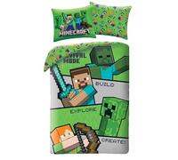 MINECRAFT Set de ropa de cama STEVE ALEX CREEPER ZOMBIE - Funda nórdica reversible 140 x 200 cm + UNA Funda de almohada 70x90cm - 100% Poliéster de excelente calidad - Multicolor