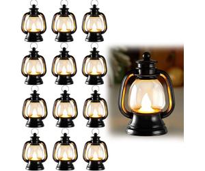 Mini linternas, 12 unidades, estilo vintage, linternas LED negras, adornos colgantes con velas LED para Halloween, Navidad, bodas, decoración de mesas