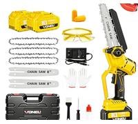 Mini motosierra eléctrica sin escobillas de 6 y 8 pulgadas, compatible con batería DEWALT de 18 V, 2 rieles + 3 cadenas, lubricación mejorada, ideal para jardín y madera (sin batería, amarillo)