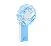 Mini ventilador de mano 2 x AA con cabezal multiposición, diseño compacto de 9 x 4,5 x 15,5 cm, color azul, ideal para uso portátil en oficina o viaje
