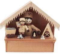 Miniatura de puesto de mercado navideño, con figura de minero, color natural/marrón. Dimensiones: 9,5 x 8 x 4 cm. Producto nuevo
