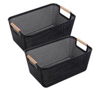 minkissy Cesta de Almacenaje de Escritorio Asa de Madera Negra 3 Piezas | Pp, Diseño de Malla y Borde Redondeado, Acceso Mano, para Papelería, Correo y Manualidades