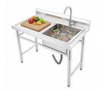 MINRS Fregadero independiente de acero inoxidable, 100 x 60 x 93 cm, 1 lavabo, lavabo comercial móvil, cocina independiente, lavabo con banco de trabajo y grifo para exterior, interior, plata