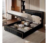 MIOOSUT Cama con cajón 160 x 200 cm, cama matrimonial con almacenamiento, diseño de rayas verticales, cama acolchada hidráulica, tela aterciopelada, para adultos y adolescentes, sin colchón (negro A