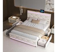 MIOOSUT Cama Doble con 4 Cajones 140x190, Camas Acolchadas con Almacenamiento, Camas Dobles Tapizadas con Somier, Cama de 2 Plazas CON iluminación LED y USB, Terciopelo, sin Colchón (Blanco roto, 140
