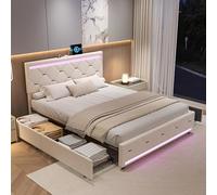 MIOOSUT Cama Doble con 4 Cajones 140x200, Cama Acolchada con Almacenamiento Cama Doble Rellena con Somier Cama de 2 Plazas CON iluminación LED y USB, Terciopelo, sin Colchón (Blanco roto, 140 * 200)