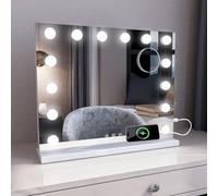 MIQU Espejo Maquillaje con Luz 50x42cm,Espejo Tocador Hollywood con 14 Bombillas LED,3 Modos de Luz,Intensidad Ajustable,con Puerto USB/Type-C,Aumento 10X,Control Táctil,para Mesa o Pared