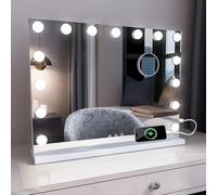 MIQU Espejo Maquillaje con Luz 58x45cm,Espejo Tocador Hollywood con 15 Bombillas LED,3 Modos de Luz,Intensidad Ajustable,con Puerto USB/Type-C,Aumento 10X,Control Táctil,para Mesa o Pared