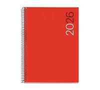 Miquelrius - Agenda 2026 semana vista, Similar A5+ (155 x 213 mm), Cubierta flexible polipropileno, Espiral, Papel 80 g/m², Planificador semanal, Catalán-EN-PT, Color rojo
