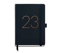 Miquelrius Agenda anual 2023, Día Página, Cubierta rígida símil piel cosida, Goma elástica, Español, Inglés y Portugués, Color Negro, Tamaño Plus 155 x 213 mm