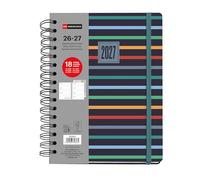 Miquelrius - Agenda Escolar 18 Meses 2026 2027 Semana Vista, Espiral Doble, A5+ (15,5×21,3 cm), Doble Bolsillo Interior, Marcapáginas y Stickers, Cubierta Rígida Cartón, Español-EN-PT, Stripes