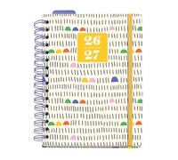 Miquelrius - Agenda Escolar 2026 2027 Día Página A5+, Cartón Forrado y Cierre de Goma, Papel 100 g/m², Doble Espiral, Separadores, Bolsillo Interior, Regla Marcapáginas y Stickers, Sunny Lines
