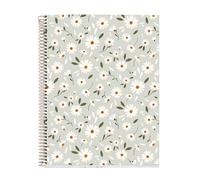 Miquelrius - Cuaderno A4 Cuadriculado 5 mm, 100 Hojas de 70 g/m², Cubierta de Cartón Verde, 4 Franjas de Color Multiasignatura, Espiral Cobre, Spring Flowers, Notebook Flores