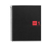 Miquelrius - Cuaderno A5, 80 Hojas de 70 g/m², 1 Banda de Color, Libreta Cuadriculada 5 mm, 2 Taladros, Cubierta Flexible de Polipropileno, Notebook The Original, Color Negro/Rojo