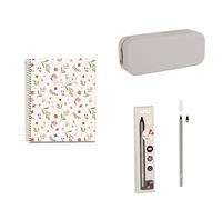 Miquelrius Lote APLI - Notebook A5 (148 x 210 mm), 100 Hojas de 70 g/m², Colección Spring Flowers + Estuche Multiusos de Silicona Beige(19783) + Lápiz infinito con cuerpo gris (19802)